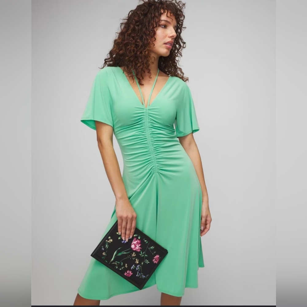 WHBM Short Sleeve Ruched Front Matte Jersey Dress in GREEN SIZE X LARGE